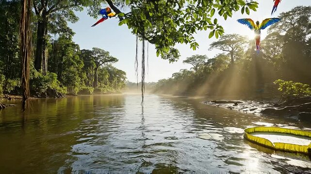 Lush jungle riverbanks with hanging vines, water lilies, and colorful birds