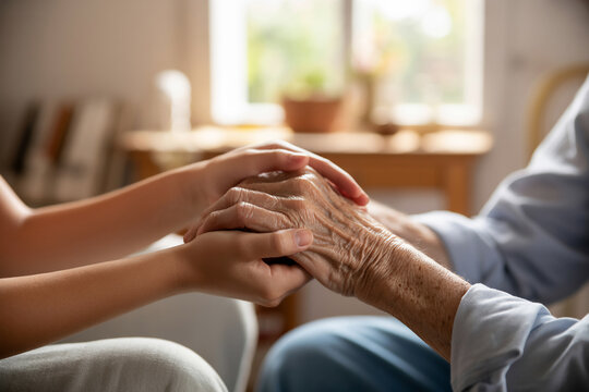 高齢者の手を優しく包む若者の手　Generative AI