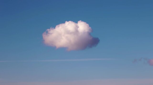 Fluffy white cumulus cloud slowly evolving against a clear blue sky, capturing a serene and calm meteorological event