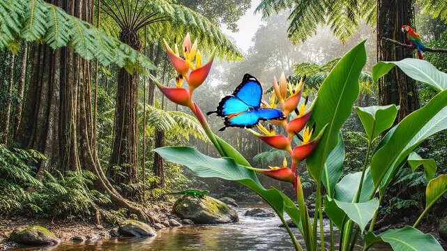Lush rainforest with vibrant blue butterfly and exotic flower by stream