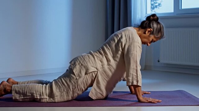 Adult woman practicing cobra pose yoga on mat at home, calm morning wellness routine, flexibility and backbend training for self care and World Yoga Day