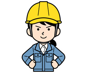 仁王立ちするヘルメットをかぶった現場監督の女性