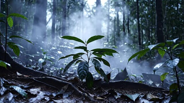 Misty forest floor with a young sapling catching sunlight through fog