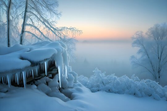 Frozen winter forest at dawn with icy branches snow-covered trees and misty blue atmosphere