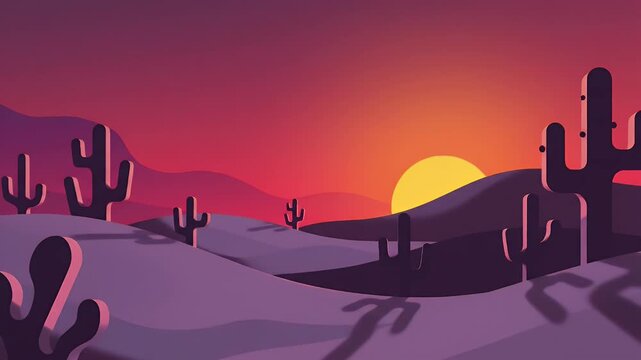 Flat design desert landscape with saguaro cacti and setting sun
