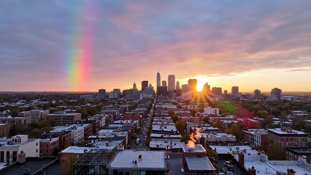 Aerial city skyline at sunrise with rainbow light, urban neighborhood grid and rooftops, hopeful calm mood for travel marketing and climate awareness