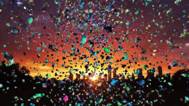 Abstract cityscape silhouette against a vibrant sunset sky overlaid with shimmering particles and bokeh lights creating a magical celebratory atmosphere for design projects