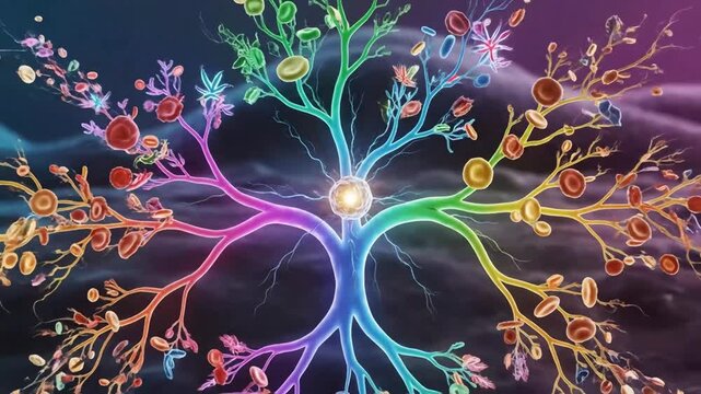 Abstract digital art depicting a vibrant tree-like neural network with glowing branches and cellular elements symbolizing interconnectedness growth and complex systems against a dark background