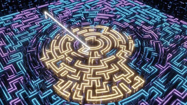 Abstract digital lines form a complex glowing maze tunnel