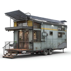 A sustainable tiny house with solar panels sits on a trailer, offe an eco-friendly and mobile living solution for minimalist lifestyle.