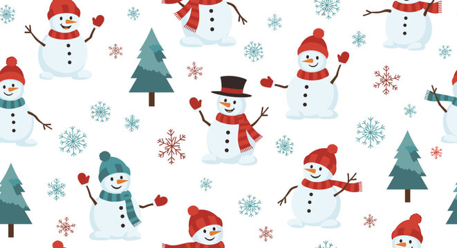 Seamless winter pattern with cute snowmen, green pine trees, and colorful snowflakes on a white background.