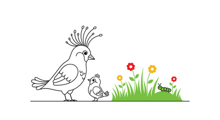 Obraz premium Cute cartoon scene featuring a mother bird and her chick standing near a patch of green grass with colorful flowers and a caterpillar.