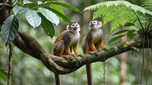 Two squirrel monkeys perch on a mossy branch in lush forest