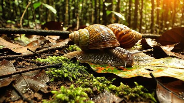 Two snails slowly crawl over moss and fallen leaves in a forest