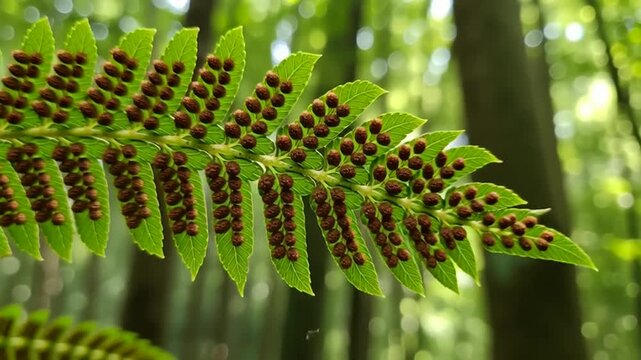 Close-up of a Fern frond with sori, showing intricate details of nature's reproductive structures.