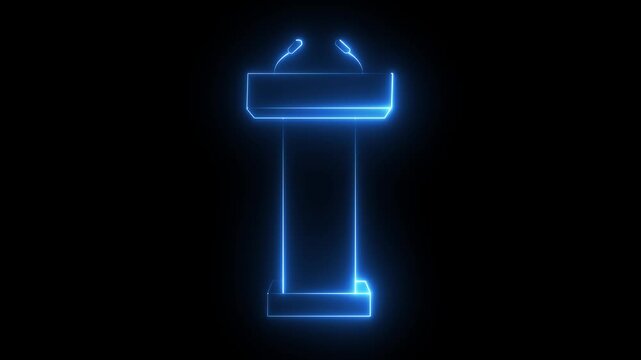 Glowing neon Podium Tribune Rostrum Stand with Microphones icon isolated on black background. Stage stand or debate podium rostrum icon animation. Conference speech. black background 4k video
