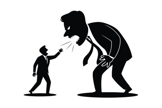 A large figure aggressively shouts at a smaller person in business attire