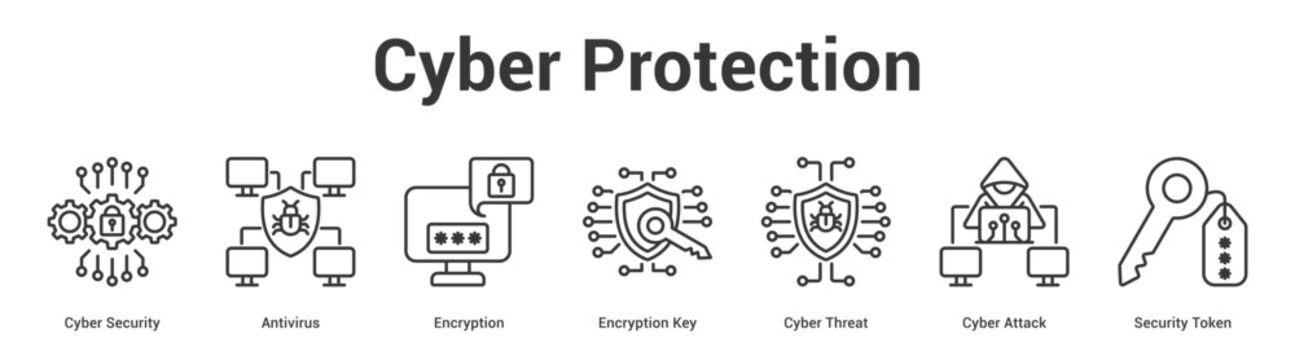 Cyber Protection web banner icon set vector illustration concept for business with icon of Cyber Security, Antivirus, Encryption, Encryption Key, Cyber Threat, Cyber Atta.