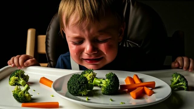Crying Toddler Refuses Broccoli and Carrots on High Chair Mealtime