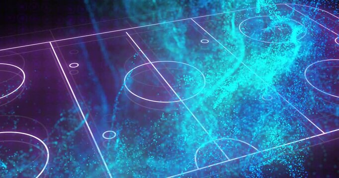Camera pulling back, cyan particles rising and tracing rings over magenta-neon grid, showing layout