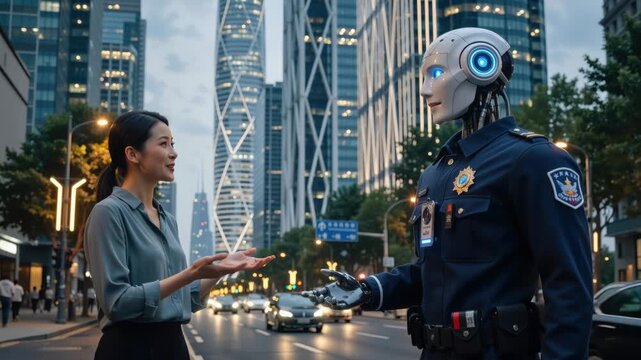 Futuristic humanoid robot police officer talking to a woman on a city street. AI law enforcement interaction in a modern urban environment. Future technology concept
