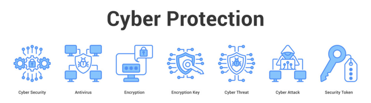 Cyber Protection web banner icon set vector illustration concept for business with icon of Cyber Security, Antivirus, Encryption, Encryption Key, Cyber Threat, Cyber Atta.