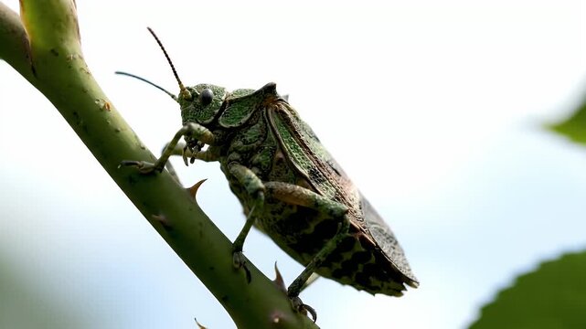 Green Stink Bug Clinging to Thorny Stem in Macro Shot