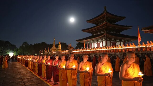 Buddhist monks procession holding candles at night with full moon over temple.