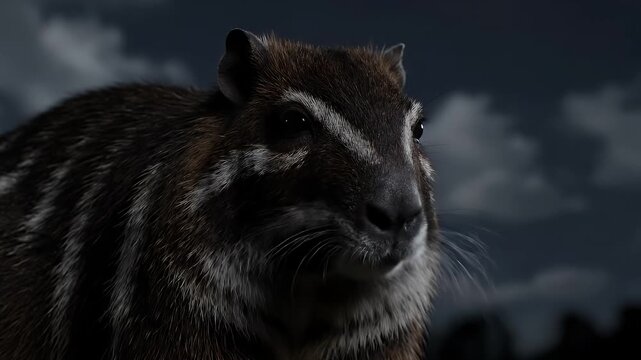 Closeup of Striped Paca Rodent Looking Around at Night CGI