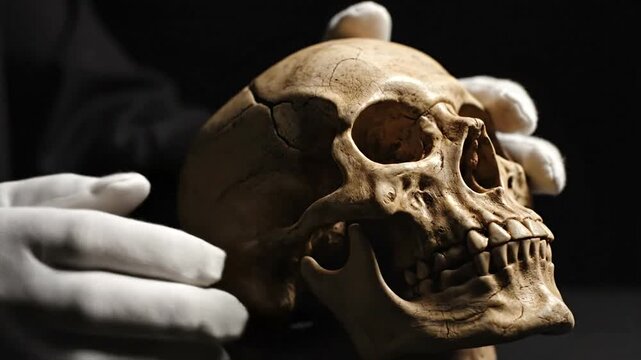 Human skull in white gloves hands.