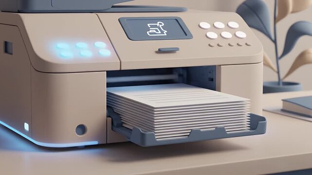 Modern beige office printer with glowing blue lights on a desk