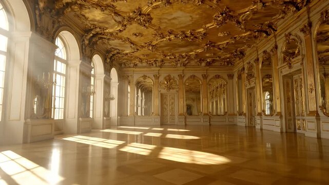 Empty Opulent Baroque Ballroom with Gilded Ceiling and Sunbeams