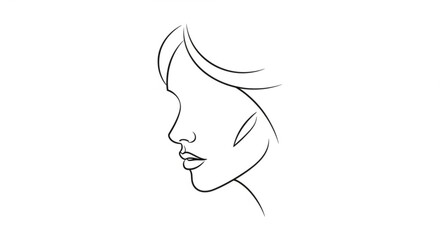 Woman's face line art profile portrait with flowing hair on white