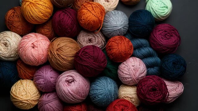 Multicolor Yarn Balls in a Wool Pile on Dark Background Knitting and Craft Supplies for Creative Handmade Projects Fiber Thread Close Up Studio Shot