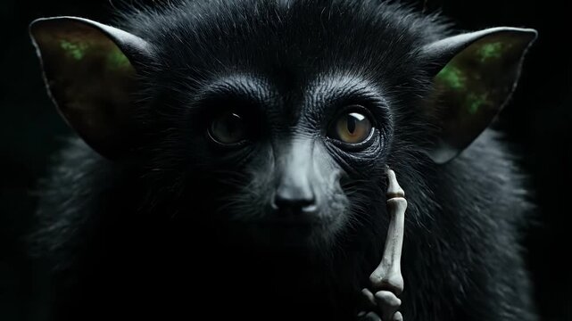 Black mythical creature touches face with skeletal hand in dark closeup