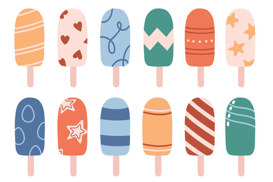 Cute colourful easter cakesicles and ice cream pops set with decorative patterns. Sweet dessert illustrations isolated on white, perfect for kids designs, summer party, birthday, wedding, baby shower 