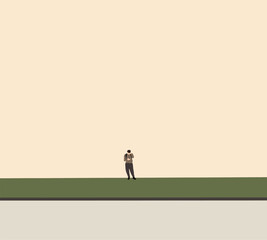 Obraz premium Teenage man calling taxi using smartphone application on city street. Modern minimal Urban lifestyle. 