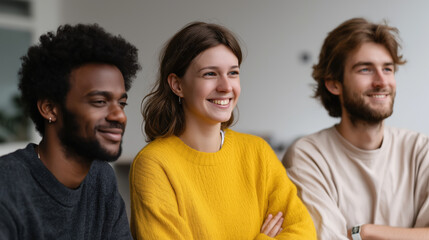 Fototapeta premium Happiness in a multi-ethnic office employees collaborate in a bright environment