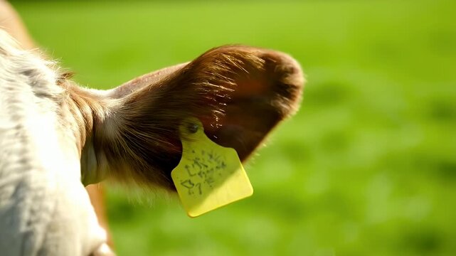Closeup of Livestock Ear Tag for Traceability on Green Pasture
