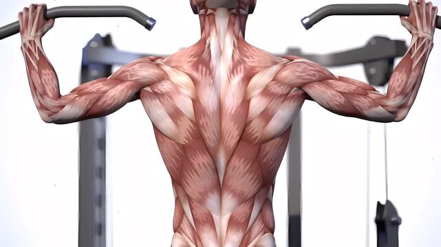 Anatomical Illustration of Human Back Muscles Performing Lat Pulldown