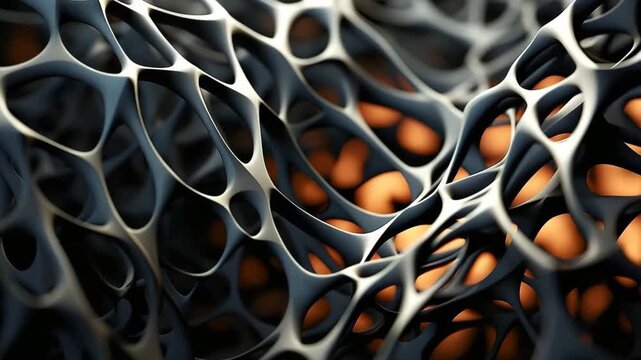 This shows a detailed view of a web-like structure with dynamic patterns and glowing details, capturing the complexity of form and texture as light interacts.