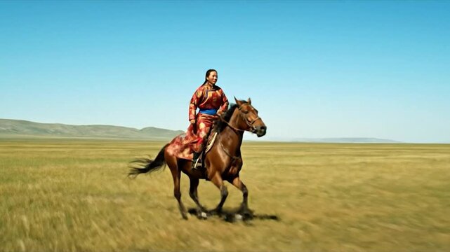Mongolian Woman in Traditional Deel Riding Horse Across Vast Steppe Landscape.