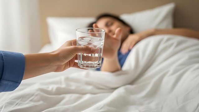 Sick Woman Refusing Water in Bed, Health Care Isolated background