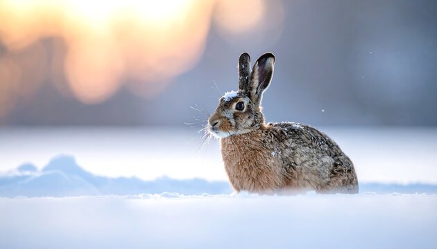 A solitary rabbit with mottled brown fur stands alert amidst a snowy landscape, bathed in soft, warm winter light. The background is blurred