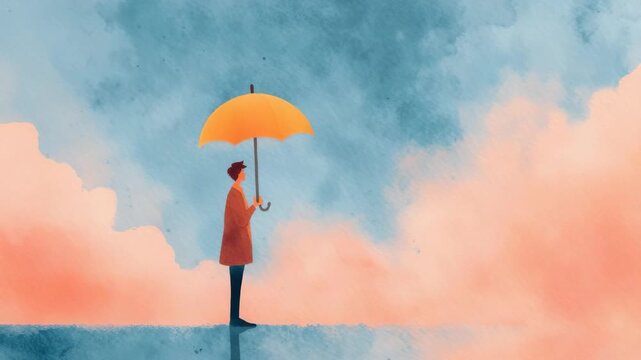 watercolor illustration of person standing in rain holding umbrella, calm acceptance, soft watercolor tones 