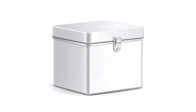 A square, metal container with a hinged lid and clasp. The smooth, shiny surface reflects soft light. A simple design on a white backdrop