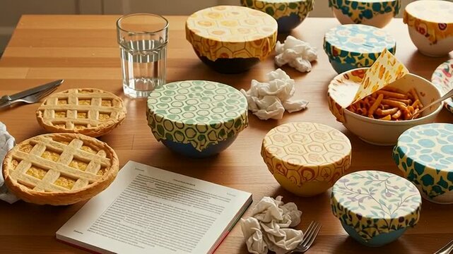 Eco-friendly beeswax wraps covering bowls of food, pizza, and pies on a table.