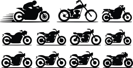 Obraz premium Motorcycle silhouettes collection featuring racing, sport, cruiser, and chopper bikes in dynamic black vector illustration style set design