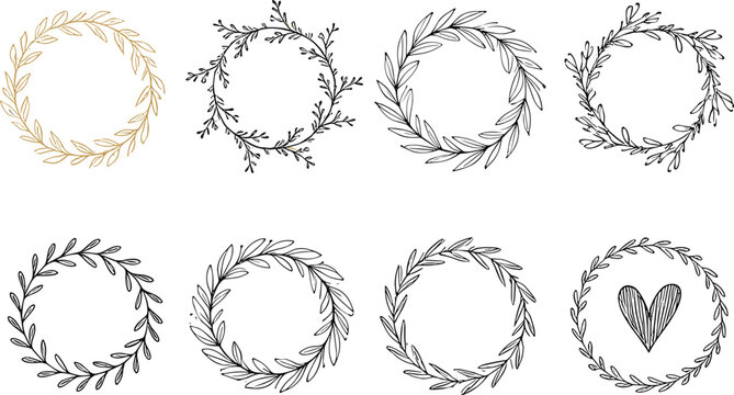 Hand drawn botanical wreath frames collection, elegant floral sketch style vector illustrations for wedding invitations, logos, and branding design