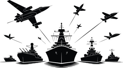 Naval warships and fighter jets military silhouette illustration showing modern defense fleet air and sea combat power vector design © LatifunNahar